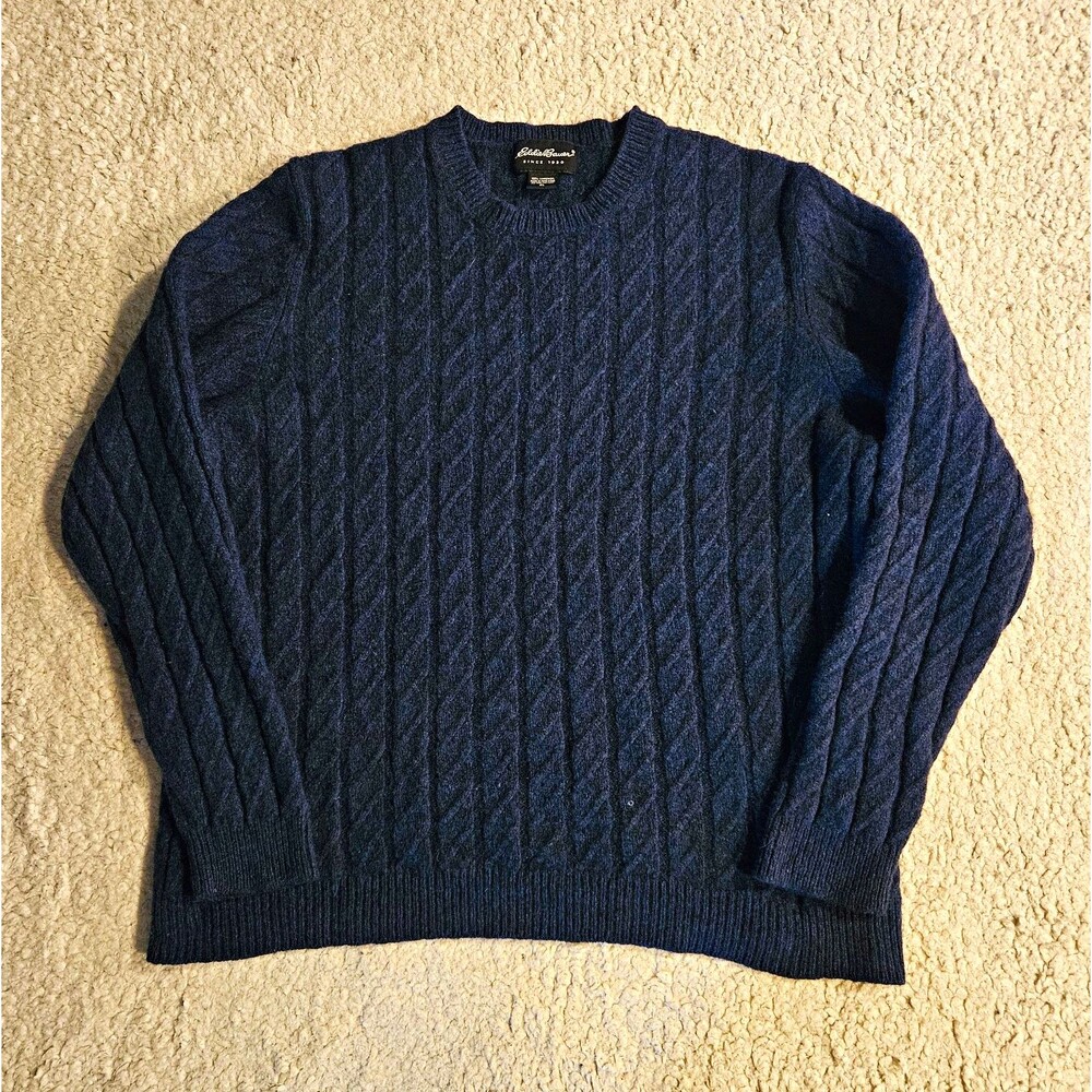VTG Eddie Bauer Sweater 100% Lambswool Mens XL Blue Cable Knit Crewneck Pullover